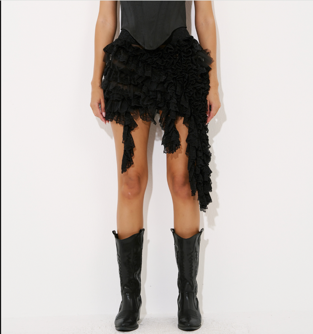 Ruffled Lace-Trim Mesh Skirt