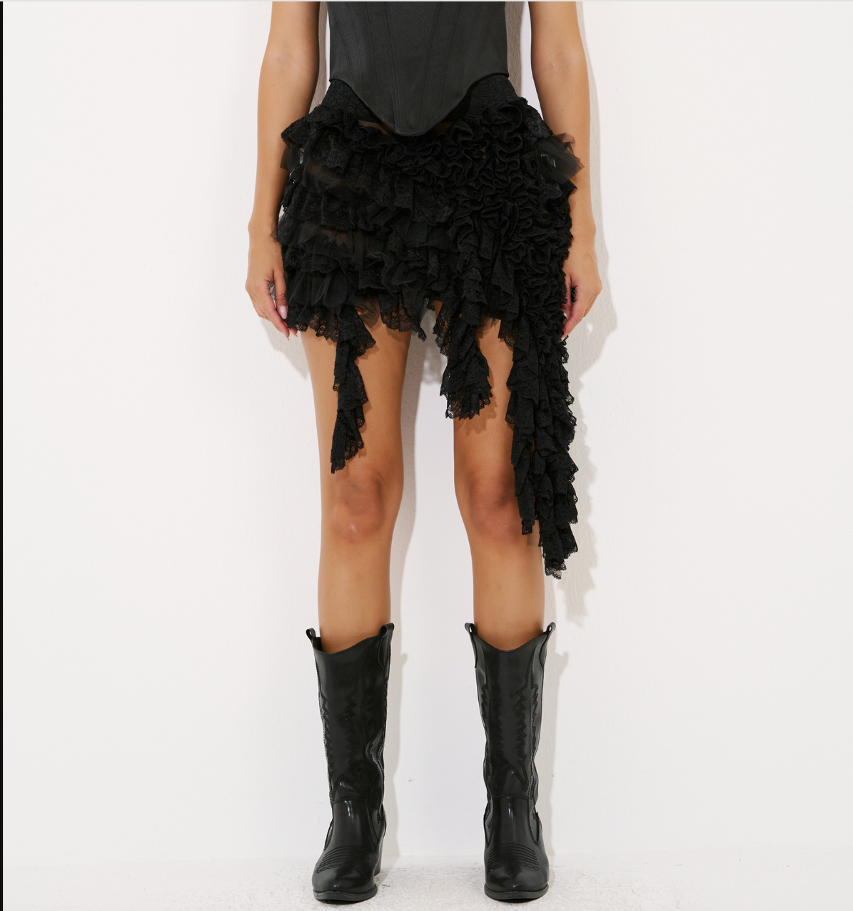 Ruffled Lace-Trim Mesh Skirt