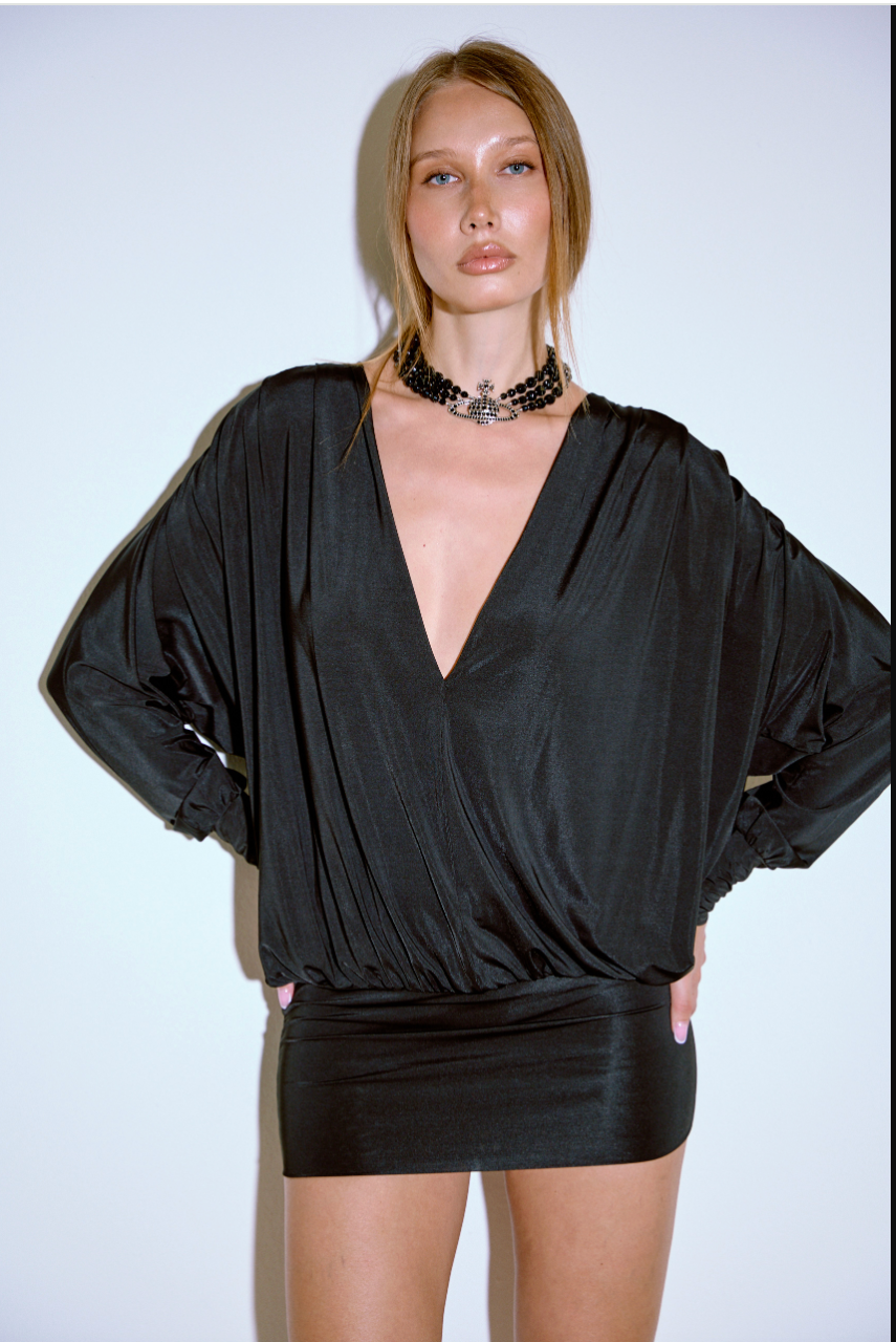 Bat-Sleeve V-Neck Mini Dress