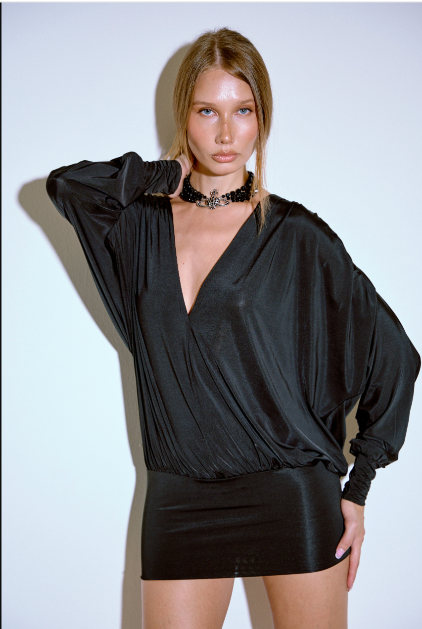 Bat-Sleeve V-Neck Mini Dress