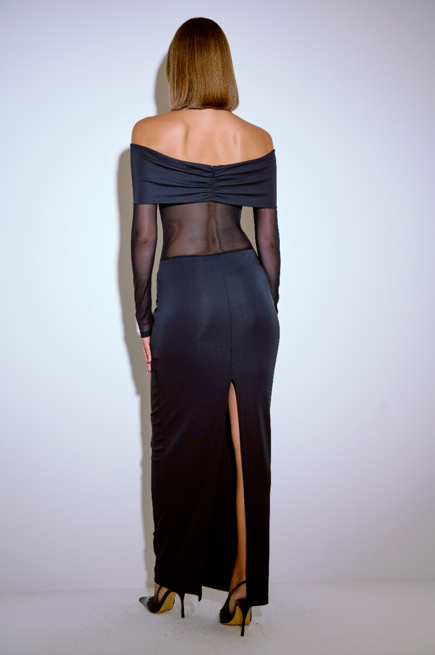 Off-the-Shoulder Mesh-Insert Maxi Dress
