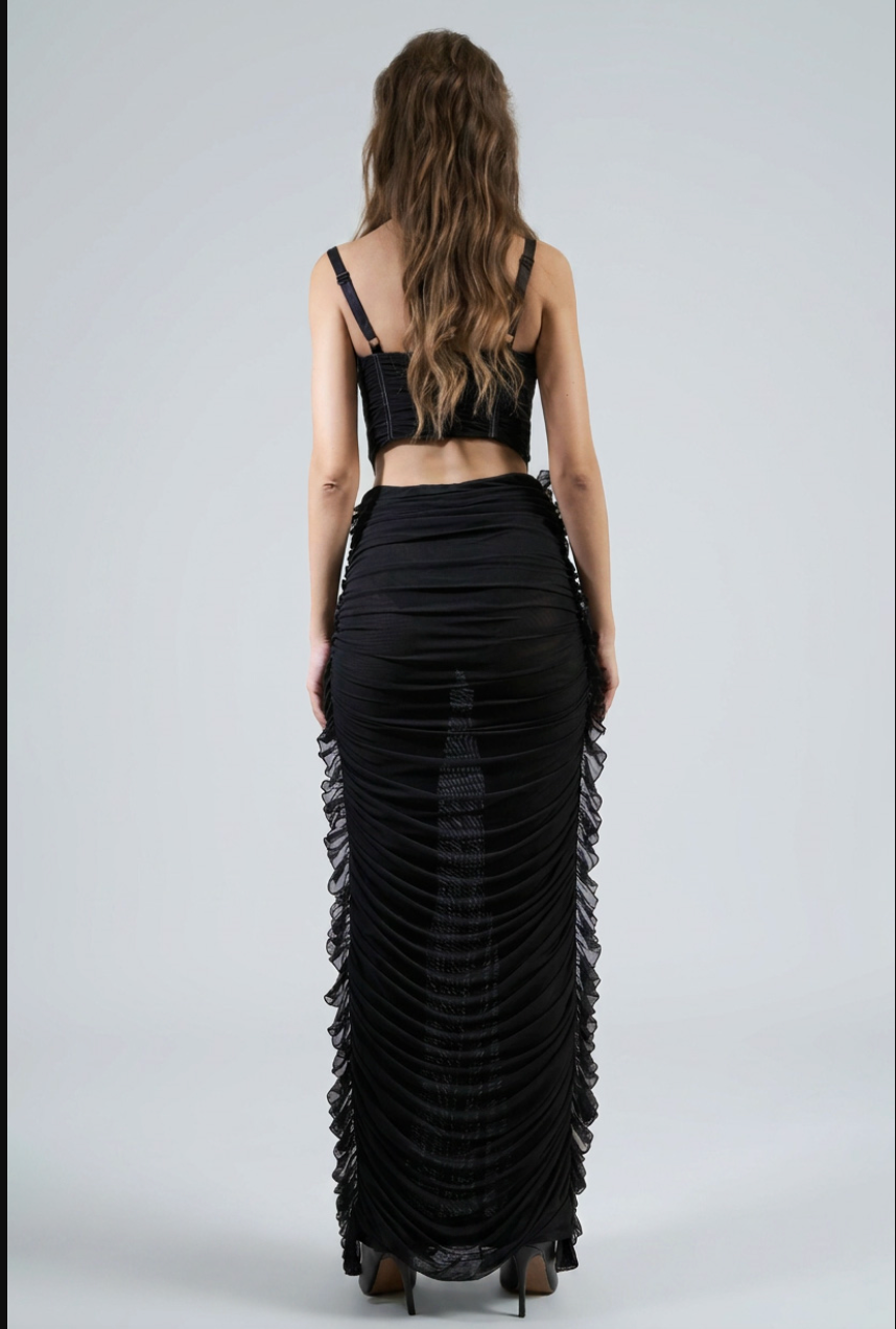 Shirred Mesh Maxi Skirt