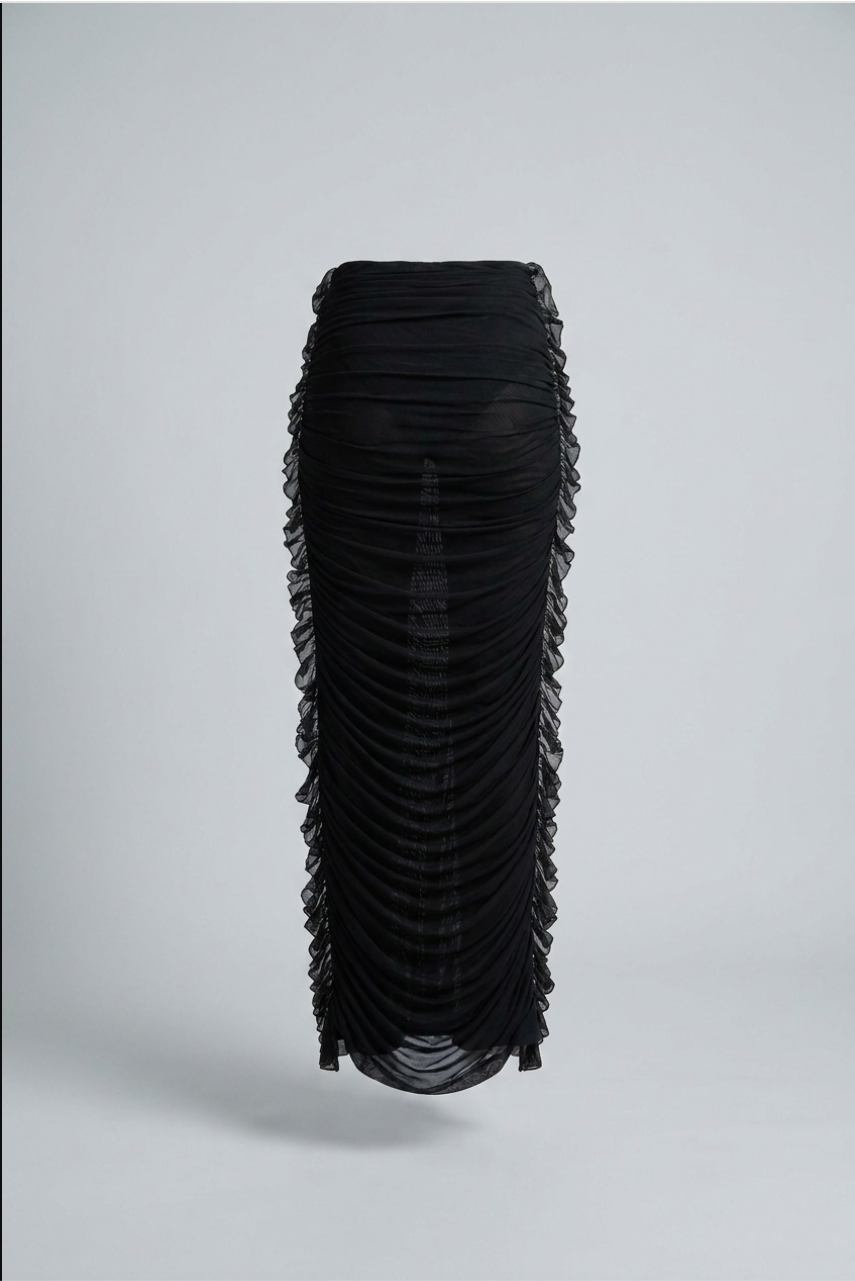 Shirred Mesh Maxi Skirt