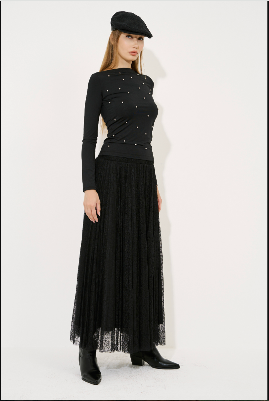 Pleated Lace Skirt with Elasticated Waist