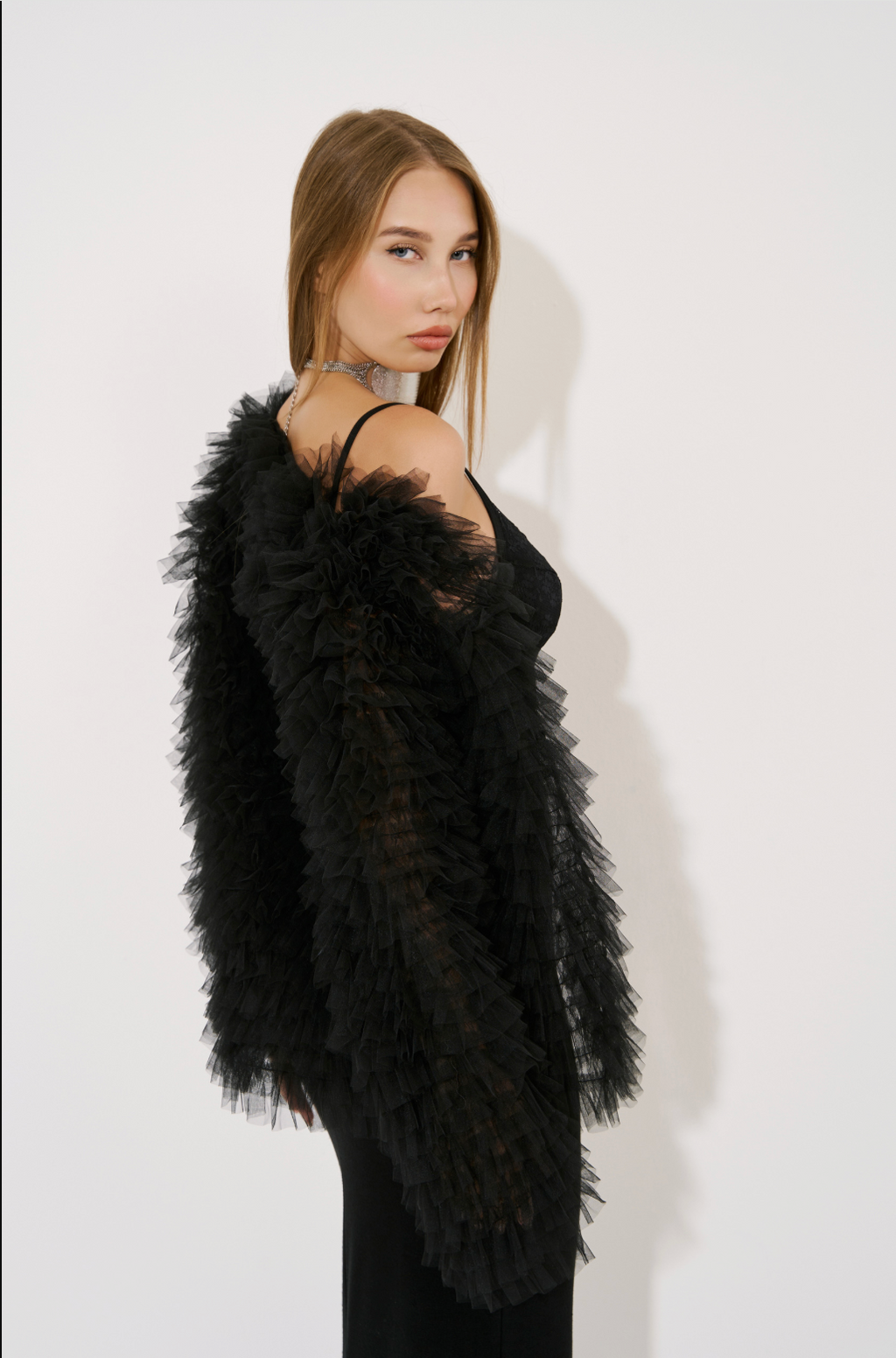 Ruffle-Trim Mesh Cardigan