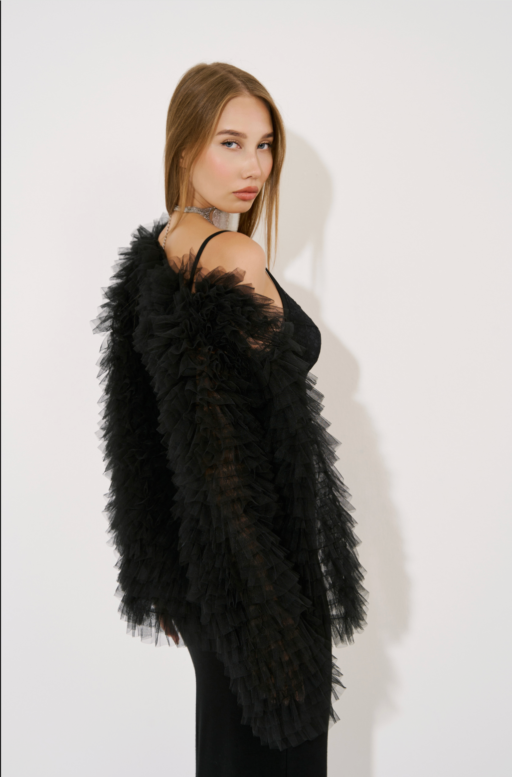 Ruffle-Trim Mesh Cardigan