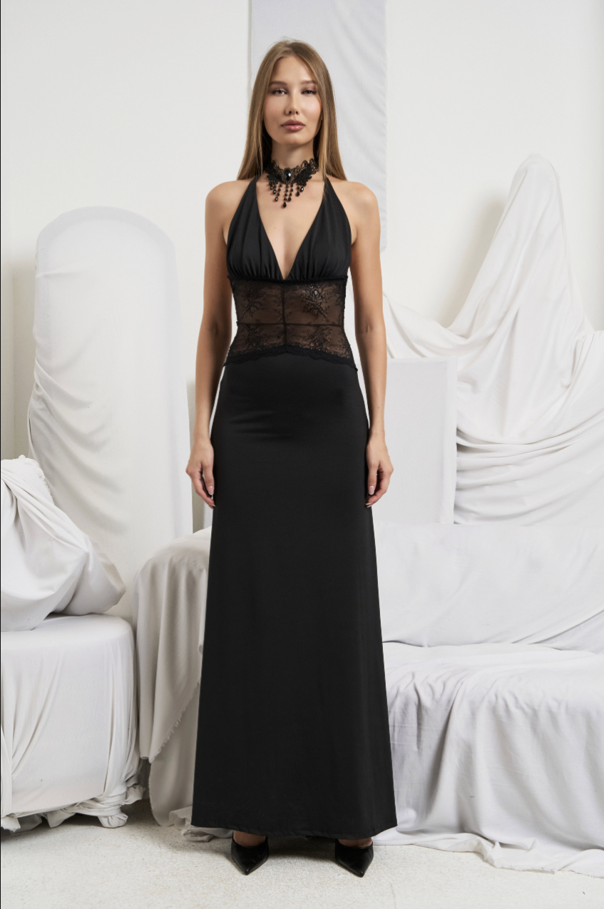 Halter Maxi Dress with Lace Corset Bodice