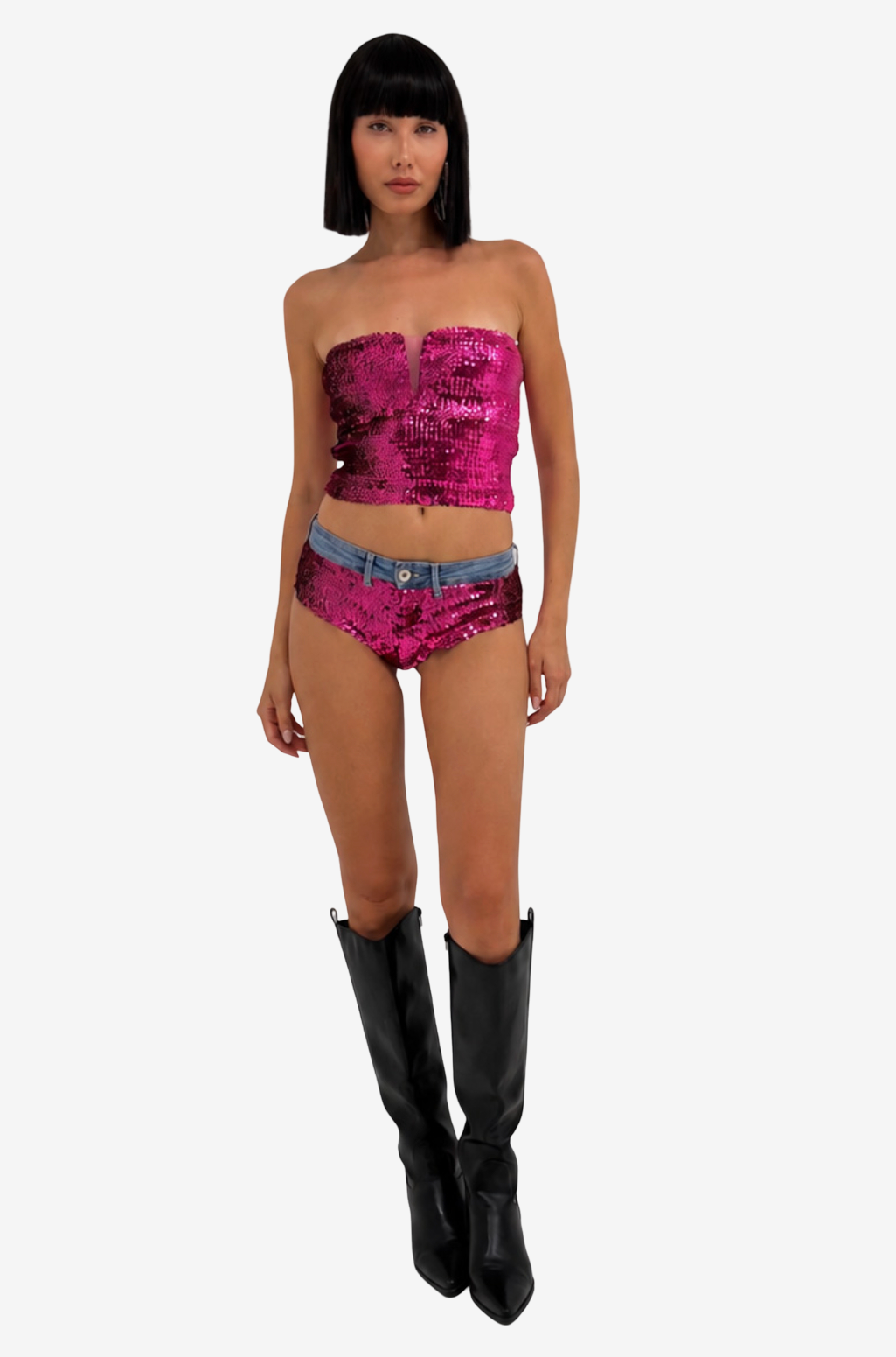 Full-Sequin Mini Shorts with Denim Waistband