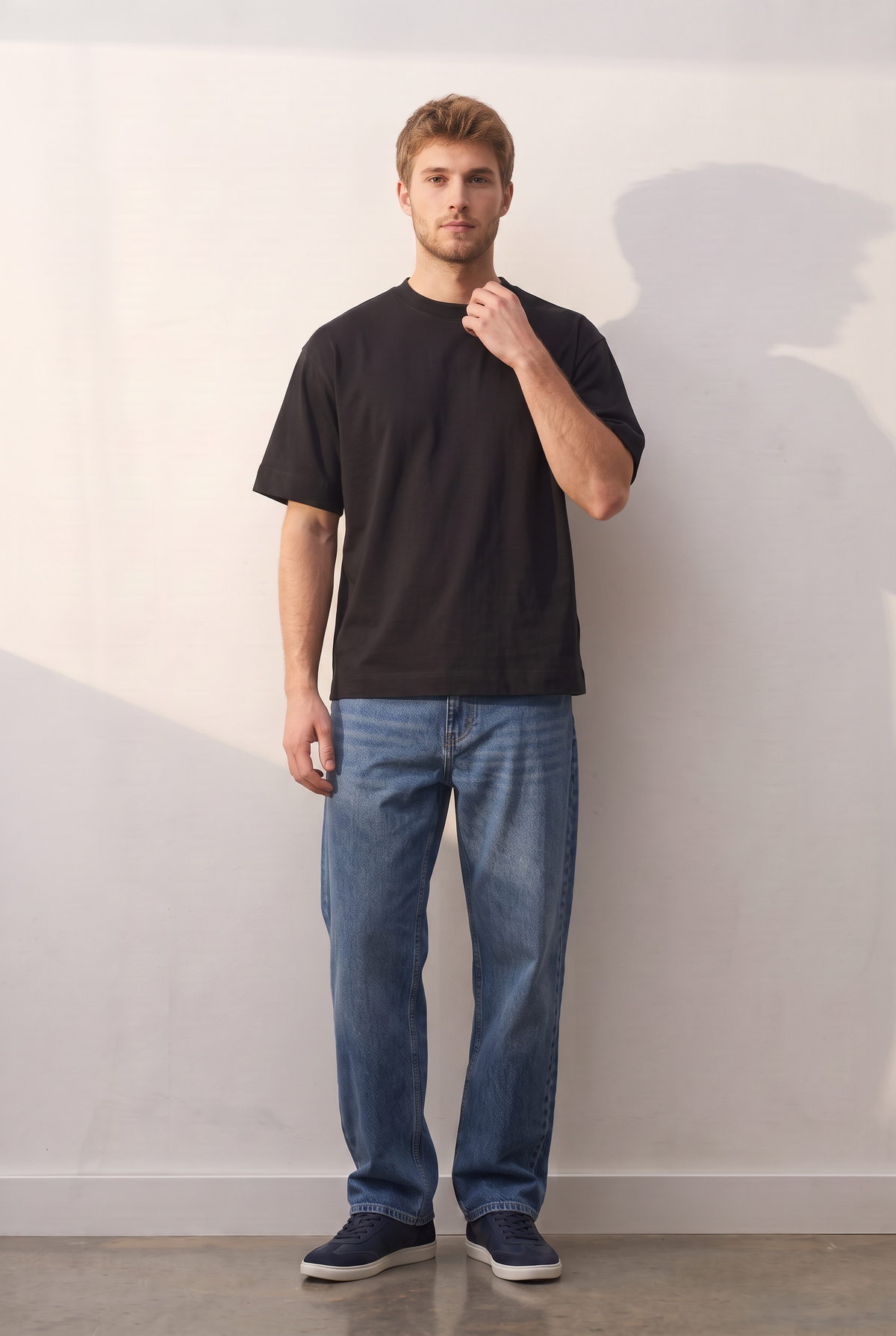 Boxy Cotton siyah tişört — model üzerinde, ön