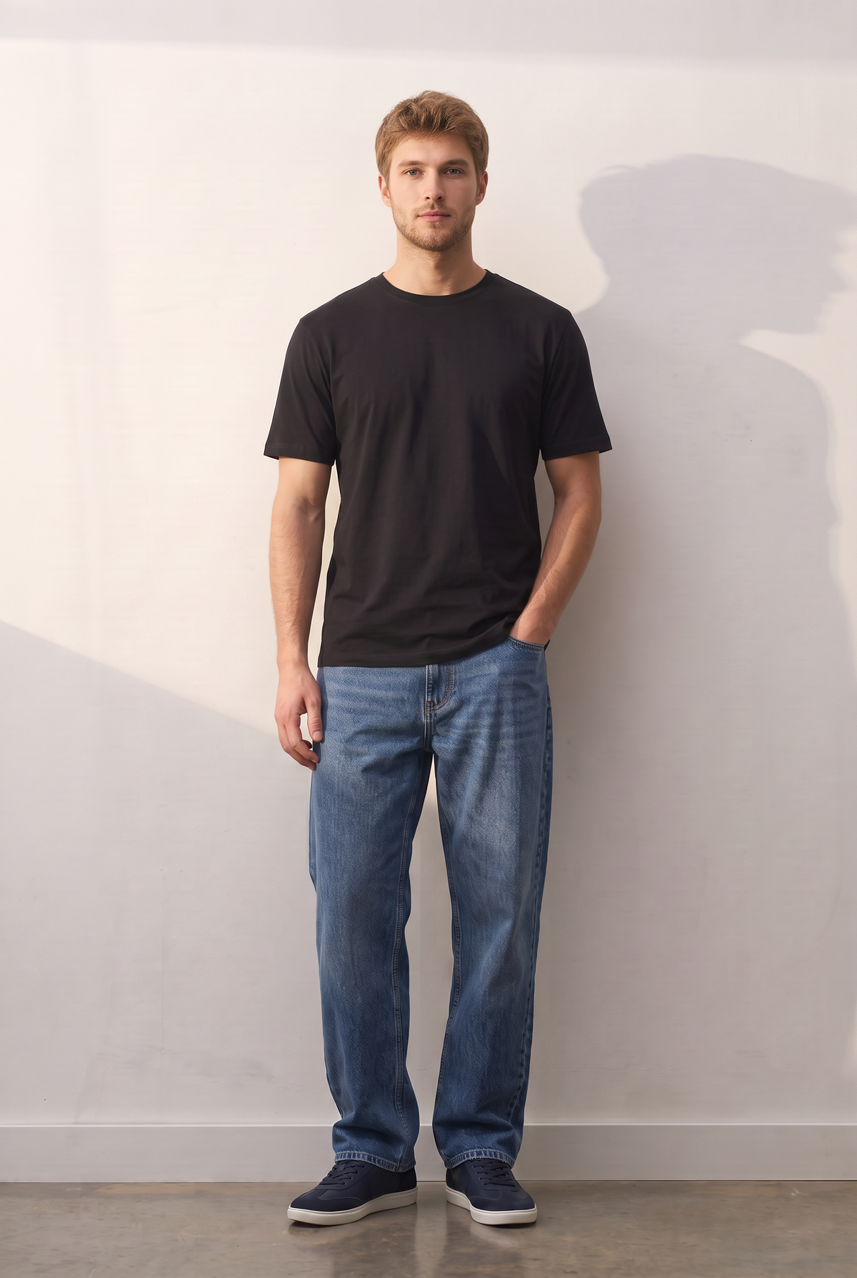 Essential Cotton II siyah tişört — model üzerinde, ön