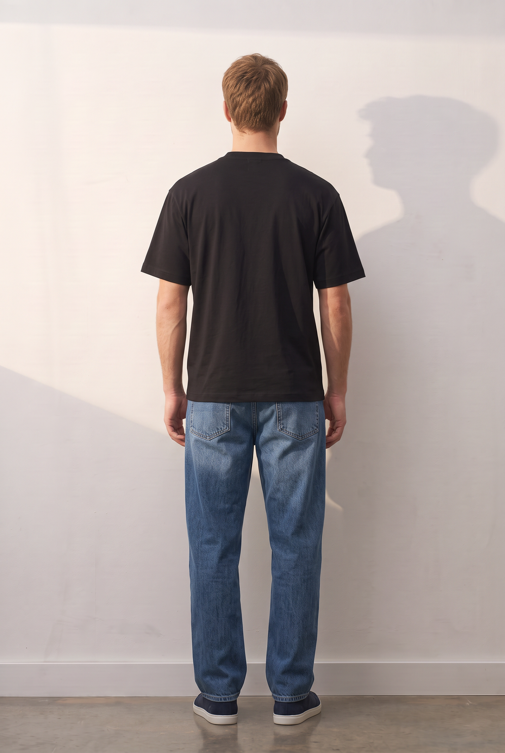 Essential Cotton II siyah tişört — model üzerinde, arka
