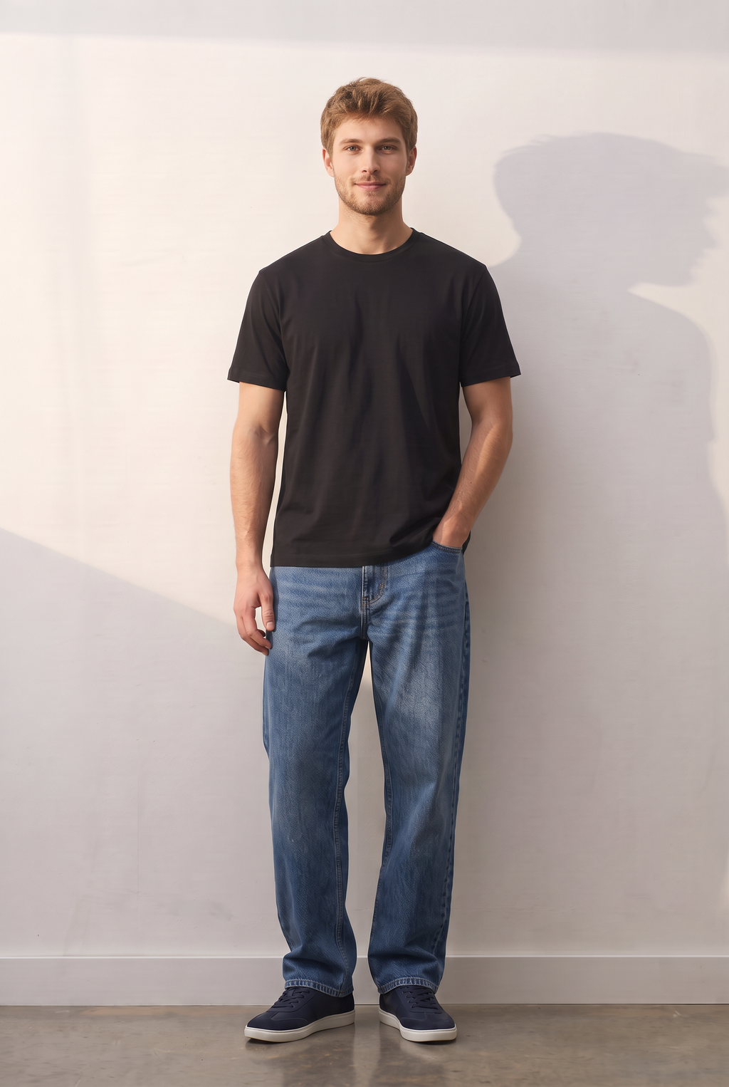 Regular Cotton Crew siyah tişört — model üzerinde, ön
