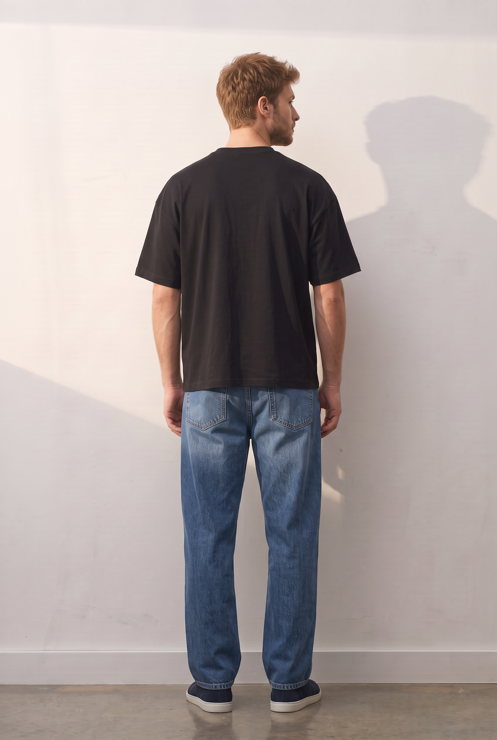 Oversize Cotton-Poly siyah tişört — model üzerinde, arka